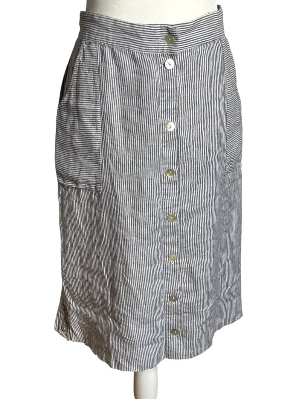 St Tropez West Linen Skirt Gray Stripe Button Pockets Indie Coastal Resort Wom L